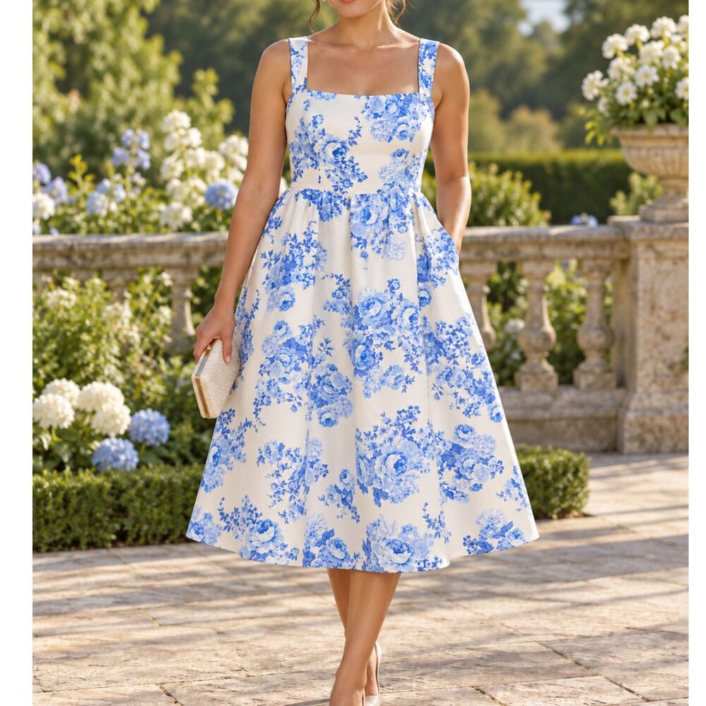 Sachin & Babi Blaine Blue Chinoiserie Taffeta Midi Dress 14 Wedding Guest